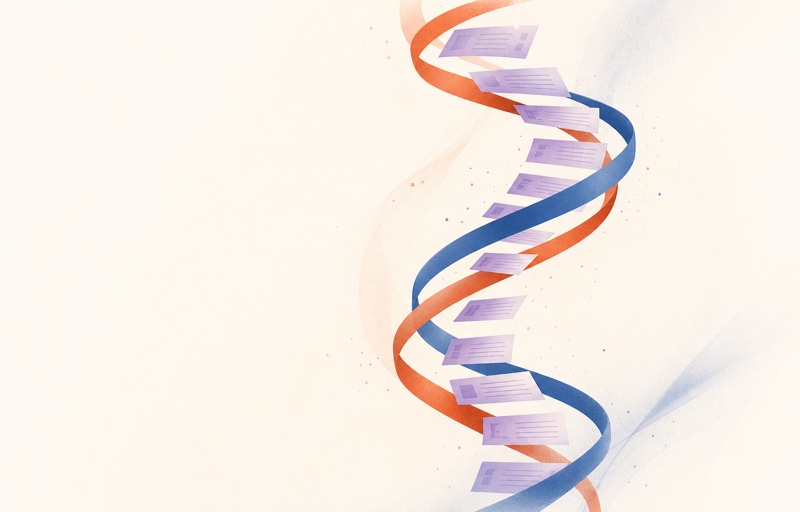 A document spine double helix connecting human intent, AI execution, and governed artifacts.